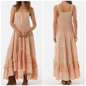 EUC SPELL prairie blush peach nude midi maxi layered lace ruffles dress S small